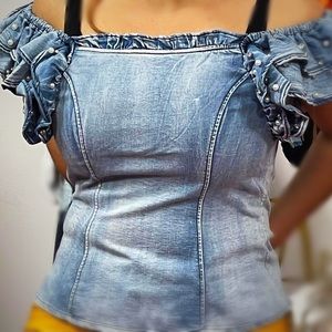Denim OffShoulder Top Blouse Embellished/Blusa Mezclilla d Olanes y Piedreria